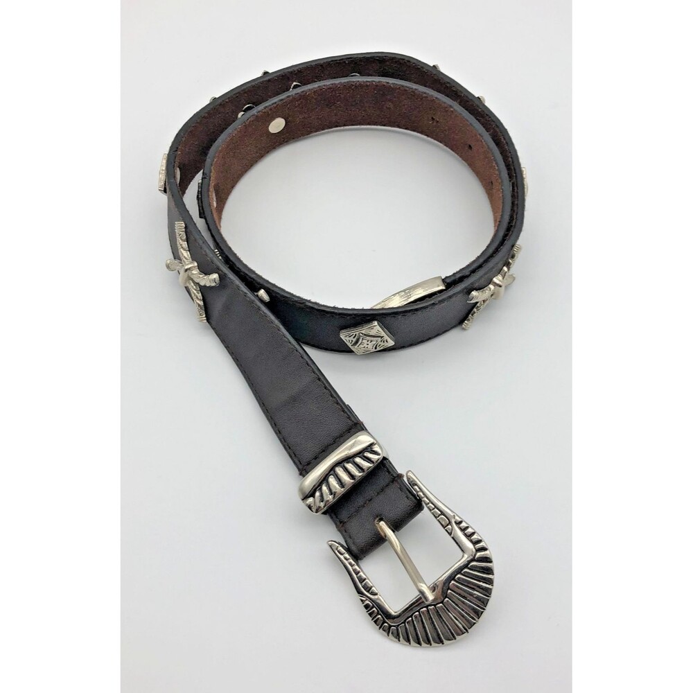 VINTAGE Western Womens Leather Belt Size 32 M/L Brown Silver Conchos Tipped